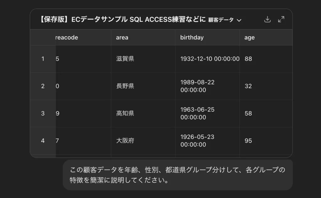 chat gptのCSVファイルアップロード後の画面
